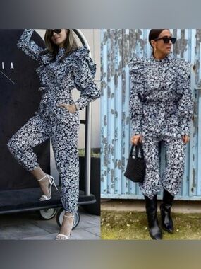 NWT  Zara Blue Floral Poplin Jumpsuit size XS